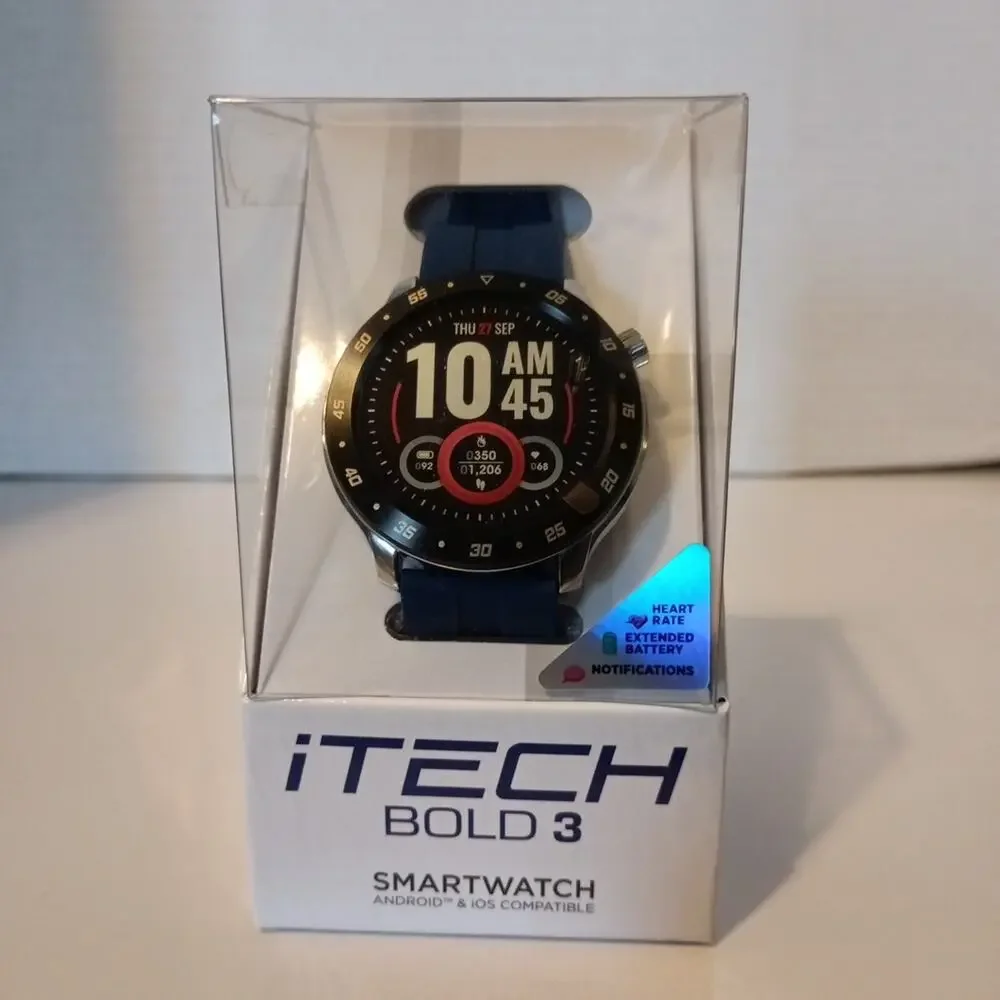 iTech Bold 3‎ Smart Watch Fitness Tracker Bluetooth Blue Silicone Strap